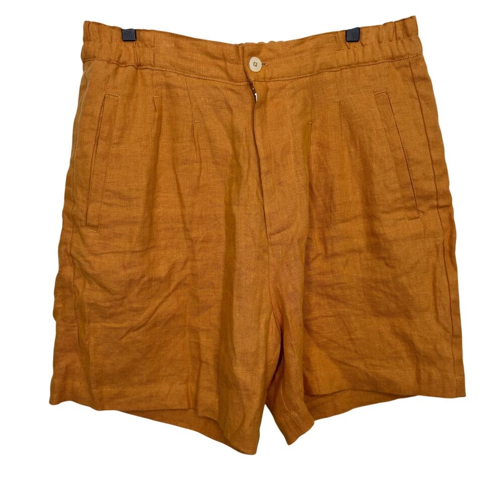 Zara Burnt Orange High Waisted Pleated Shorts 100% Linen Size Large
